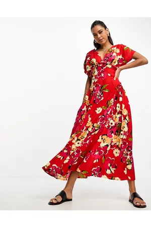 ASOS Vestito midi con scollo profondo e maniche ad ali di pipistrello con godet laterali e stampa floreale