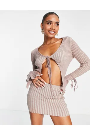 Missyempire Missy Empire - Top in maglia beige a costine in coordinato