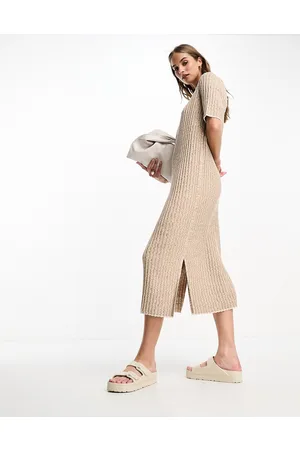 Whistles Eva - Vestito midi in maglia color avena a coste