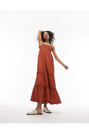 Topshop Vestito lungo da mare color ruggine testurizzato e ricamato