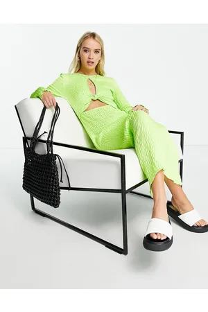 Topshop Vestito midi a maniche lunghe con nodo sul davanti color lime
