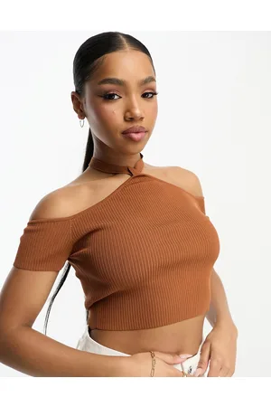 Urban Revivo Crop top in maglia marrone allacciato al collo