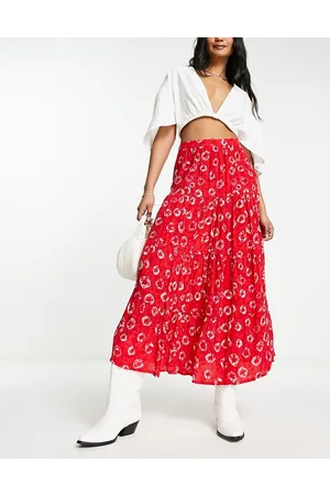 Whistles Gonna midi a balze rossa con stampa a fiori tie-dye