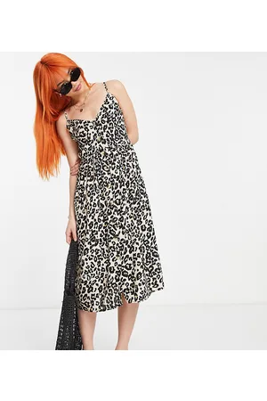 Influence Petite Vestito midi con spalline sottili in popeline di cotone con stampa leopardata