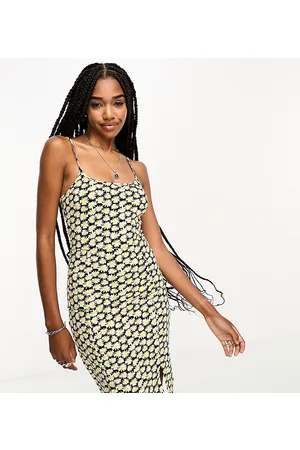 Noisy May Vestito con spalline sottili corto giallo e a fiori con spacco sul davanti