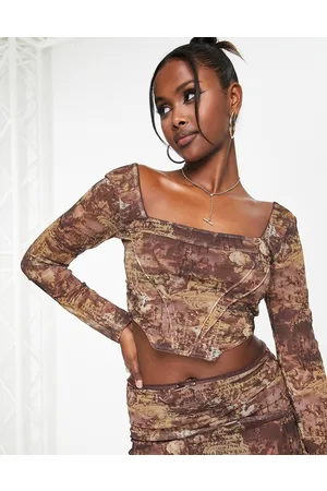 ASOS Corsetto a maniche lunghe in rete con stampa vintage in coordinato