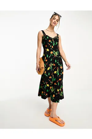 Whistles Vestito midi multicolore con stampa di frutta e volant