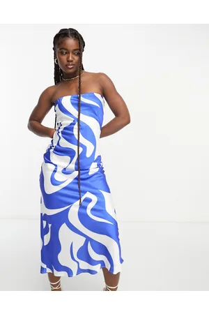 SNDYS Vestito midi a fascia in raso blu con stampa astratta