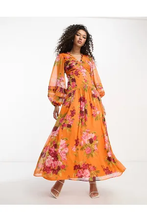 ASOS Vestito lungo arancione a fiori con bottoni, nervature e inserti in pizzo
