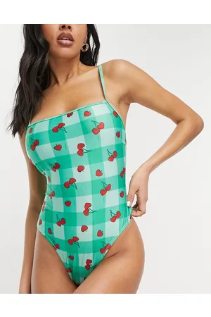 Brave Soul Costume da bagno a quadri con stampa di ciliegie e scollo squadrato