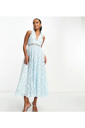ASOS ASOS DESIGN Petite - Vestito midi aperto dietro in pizzo azzurro con colletto