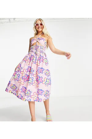 COLLUSION Vestito midi estivo a fascia a fiori con cut-out