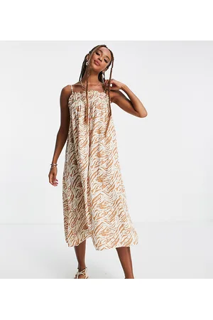 Noisy May Esclusiva - Vestito midi a trapezio con spalline sottili color crema con stampa zebrata