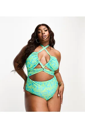 ASOS ASOS DESIGN Curve - Costume da bagno allacciato al collo con apertura a goccia con stampa Havana