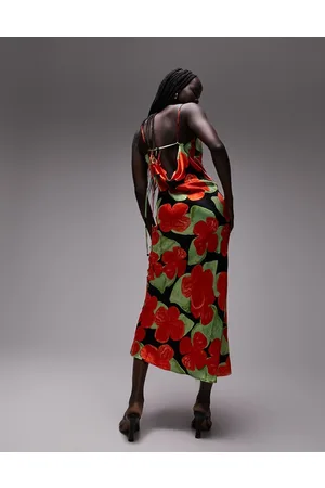 Topshop Vestito midi con scollo ad anello a fiori vivaci