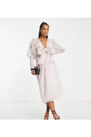 Collective The Label Esclusiva - Vestito midi con scollo profondo color cipria a pois allacciato sul davanti
