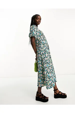 New Look Vestito midi a fiori con maniche a sbuffo