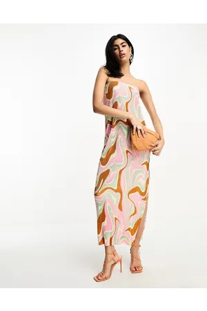 ASOS Vestito midi a fascia plissé con stampa marmorizzata