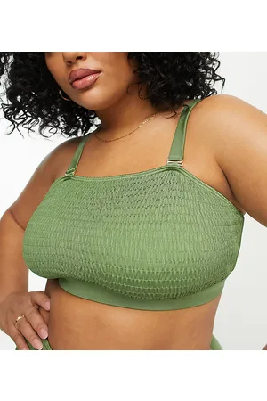 South Beach Esclusiva - Crop top bikini con nodo in tessuto stropicciato kaki