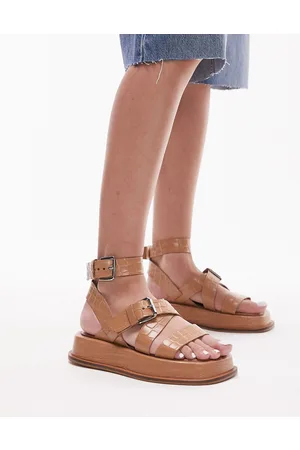 Topshop Jax - Sandali bassi in pelle color cammello con suola spessa e fibbie