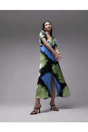Topshop Vestito lungo blu e verde stampato con scollo a V e maniche con volant