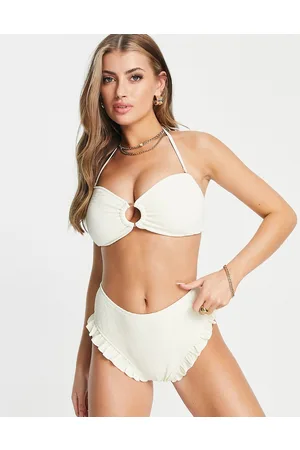 Ivory Rose Slip bikini mix and match a vita alta in tessuto stropicciato color crema con volant