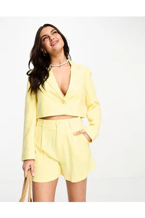Stradivarius Blazer corto effetto lino limone in coordinato