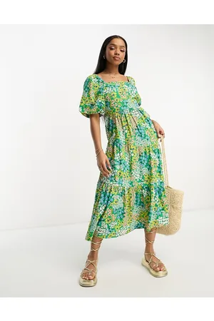 Influence Vestito midi con stampa a fiori con scollo squadrato e maniche a sbuffo