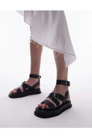 Topshop Jax - Sandali bassi neri in pelle con suola spessa e fibbia
