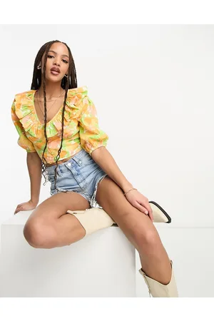 Miss Selfridge Top in popeline a fiori arancioni rétro con volant