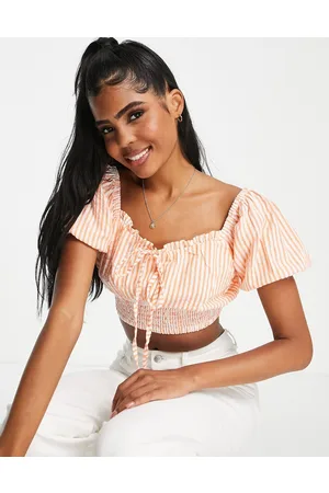 Influence Crop top con maniche a sbuffo a righe arancioni in coordinato