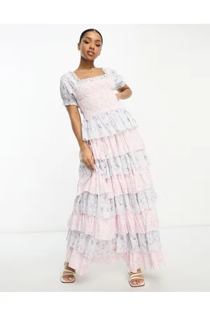 Amy Jane London Luna - Vestito lungo a balze rosa e blu a fiorellini