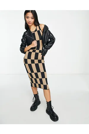 Bailey Rose Vestito midi nero e marrone a quadri con scollo a vogatore