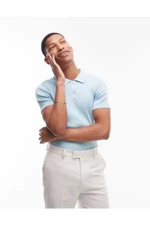 Topman Polo in maglia azzurra a coste con zip