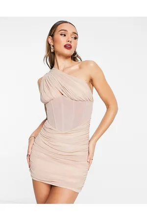 Rare Fashion London - Vestito corto monospalla a corsetto color cipria arricciato