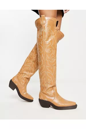 ASOS Cuba - Stivali al ginocchio stile western color cammello in pelle premium con cuciture astratte