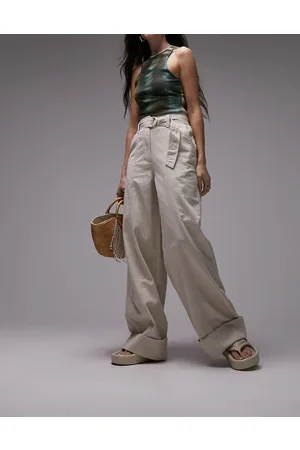 Topshop Pantaloni a fondo ampio écru con vita alta, cintura e fondo risvoltato