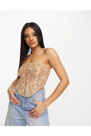 Fashionkilla Top a corsetto in rete beige con stampa animalier