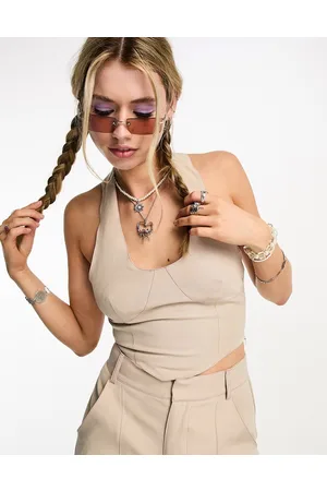 Heartbreak Corsetto allacciato al collo beige con cuciture a contrasto in coordinato