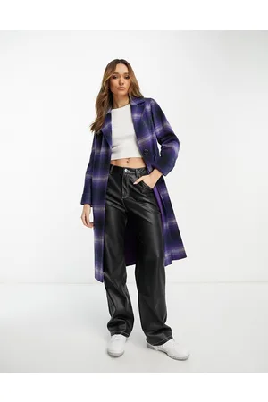 Helene Berman Cappotto avvolgente in misto lana viola a quadri lunghezza media