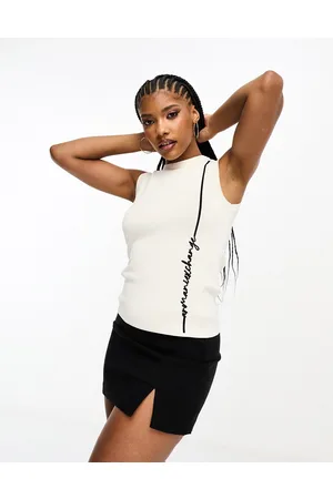 Armani Exchange Top senza maniche in maglia sottile sporco con scritta del logo