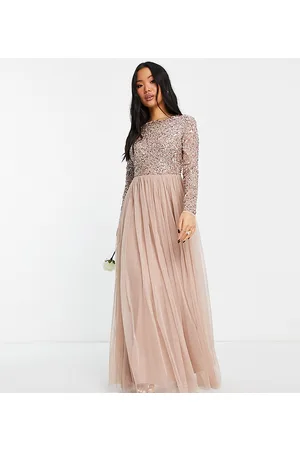 Maya Vestito lungo da damigella a maniche lunghe color cipria tenue con paillettes delicate