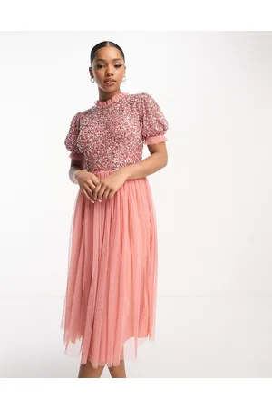 Maya Vestito midi da damigella terracotta con paillettes delicate e maniche a sbuffo