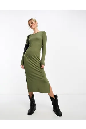 Pieces® Vestito midi fasciante kaki con scollo rotondo