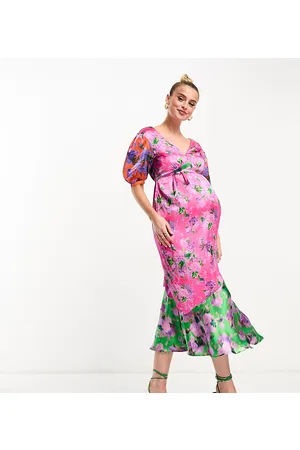 HOPE & IVY Vestito midi in raso rosa con stampa a contrasto