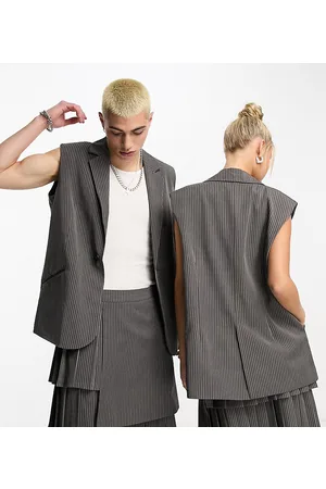COLLUSION Unisex - Gilet taglio lungo scuro gessato in coordinato