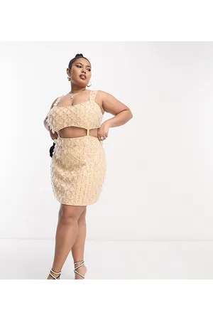 ASOS ASOS DESIGN Curve - Vestito corto in twill color pietra con gemme e cut-out in vita