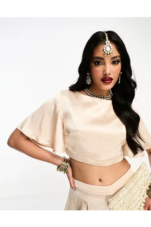 Kanya London Crop top con maniche con volant color champagne in coordinato