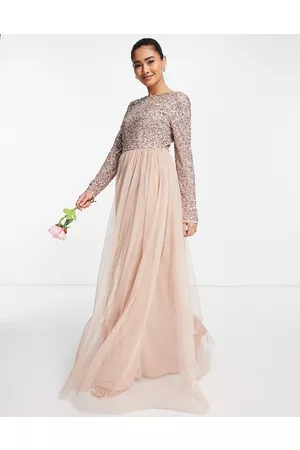 Maya Vestito da damigella lungo a maniche lunghe in tulle color cipria tenue con delicate paillettes tono su tono