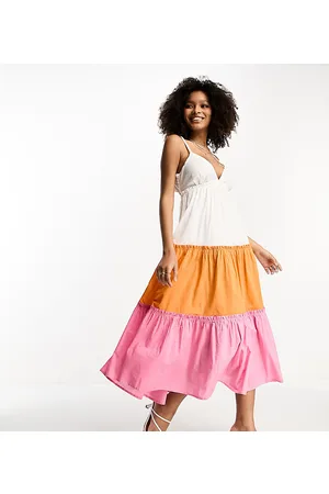 River Island Vestito midi da mare bianco con balze a contrasto allacciato dietro